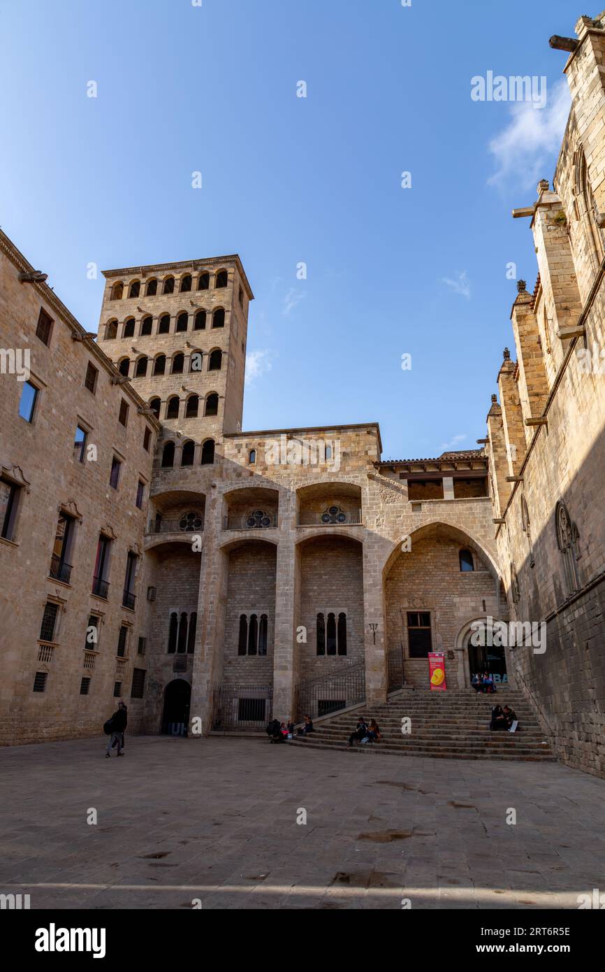Barcelona, Spain - FEB 13, 2022: Courtyard of the Barcelona History Museum, that conserves, researches, communicates and exhibits the historical herit Stock Photo