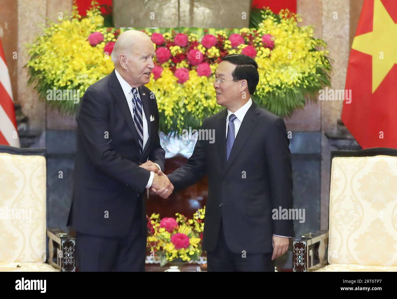 Hanoi, Vietnam. 11th Sep, 2023. US President Joe Biden (L) meets with Vietnam's President Vo Van Thuong at the Presidential Palace in Hanoi, Vietnam on September 11, 2023. President Joe Biden led a delegation of US tech executives in talks with Vietnamese business leaders on Monday, as Washington and Hanoi sought to deepen cooperation amid shared concerns about China's rise. Photo by Vietnam Government Portal (VGP)/ Nhat Bac/ Credit: UPI/Alamy Live News Stock Photo