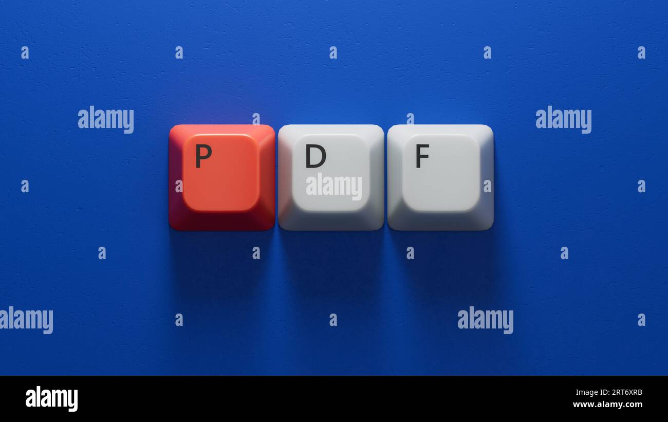 PDF.Computer keyboard keys spelling.Flat lay view from above on blue background with computer keyboard keys buttons.IT technology concept.3D rendering Stock Photo