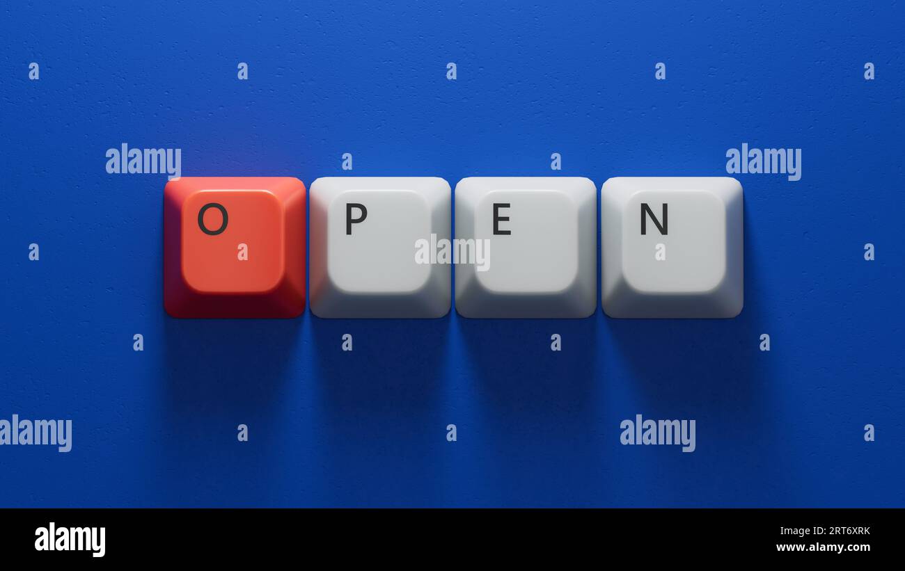 Open.Computer keyboard keys spelling.Flat lay view from above on blue background with computer keyboard keys buttons.IT technology concept.3D renderin Stock Photo