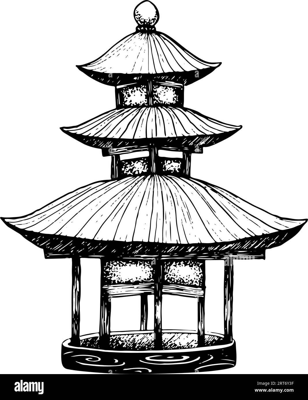 Vector pagoda house graphic black and white illustration. Traditional Japanese or Nepal architecture building of Asian culture. Stock Vector