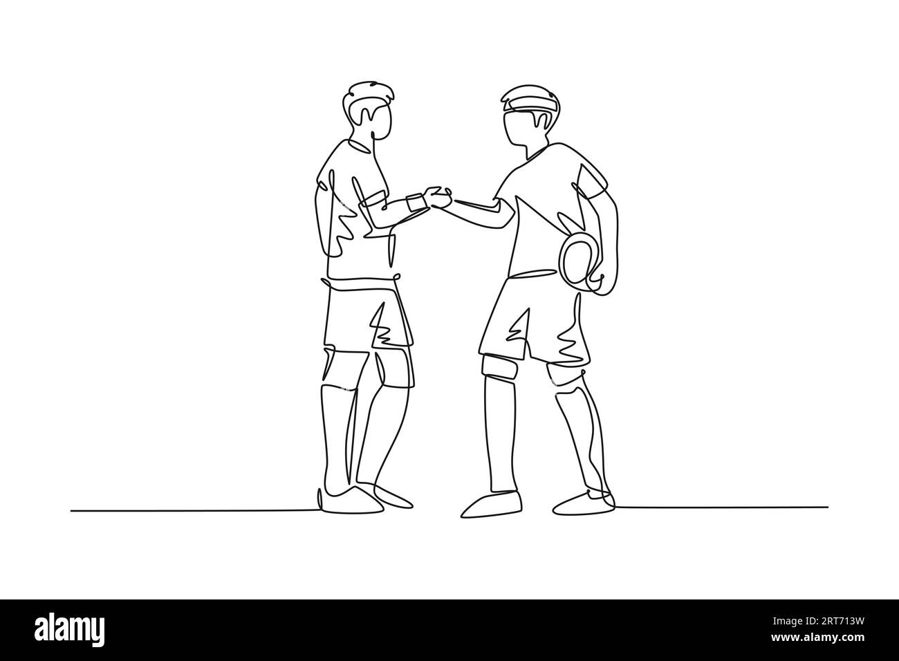 Single one line drawing two football player bring ball and handshaking to show sportsmanship before starting the match. Respect in soccer sport. Conti Stock Photo