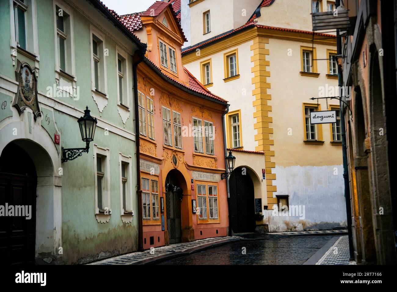 Baroque Tri Stoleti in medieval Old Town cobblestone clad Prague, Czech Republic. Stock Photo