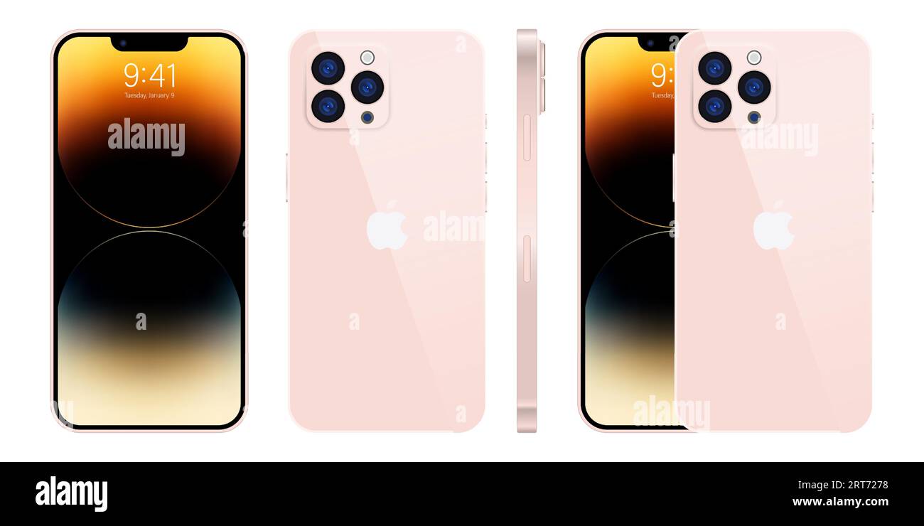 New iPhone 15 pro, pro max Deep pink color by Apple Inc. Mock-up screen iphone and back side iphone. High Quality. Editorial. Stock Vector