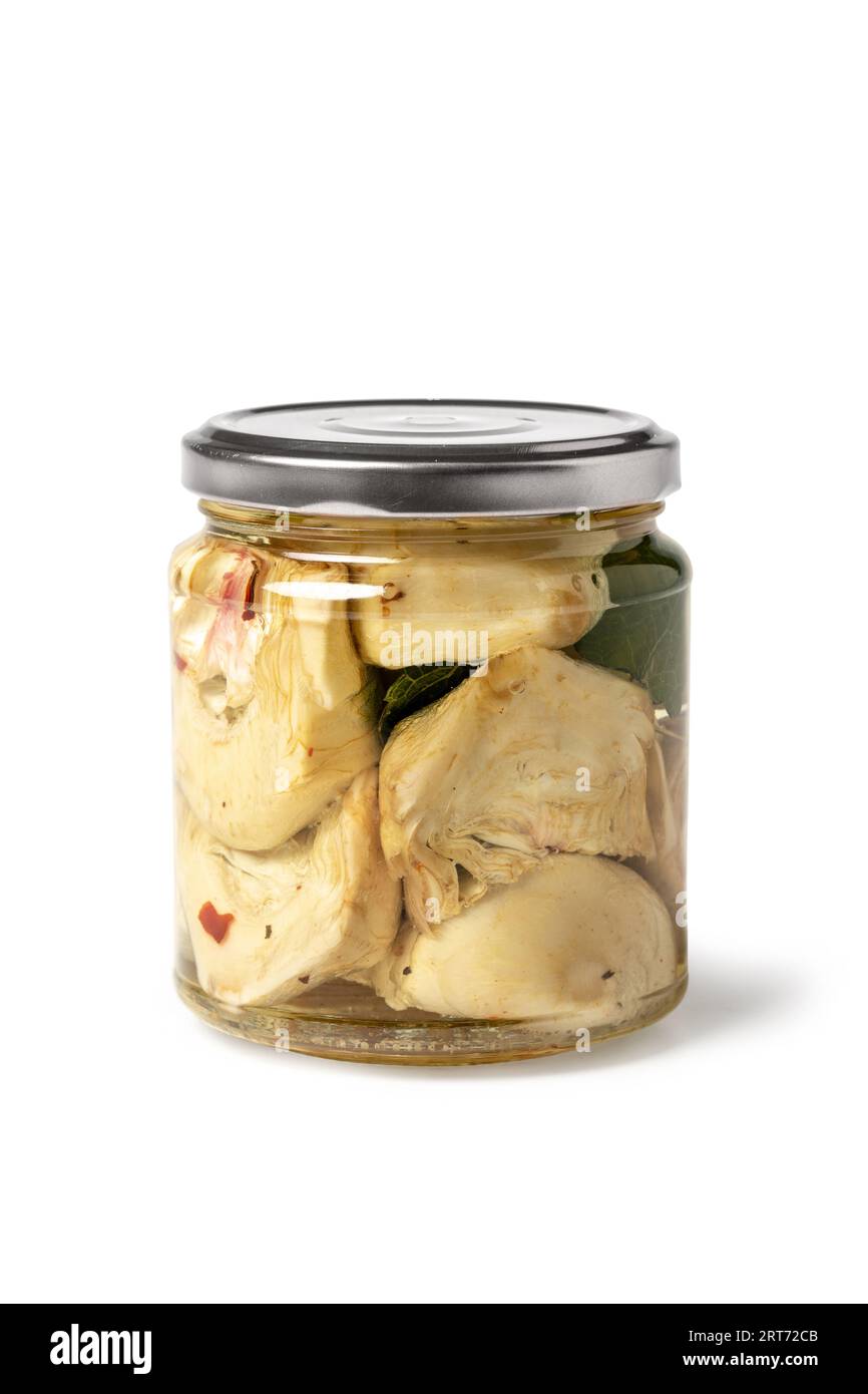 Artichoke Hearts in Oil, Transparent Jar Isolated on White Background Italian Artichokes