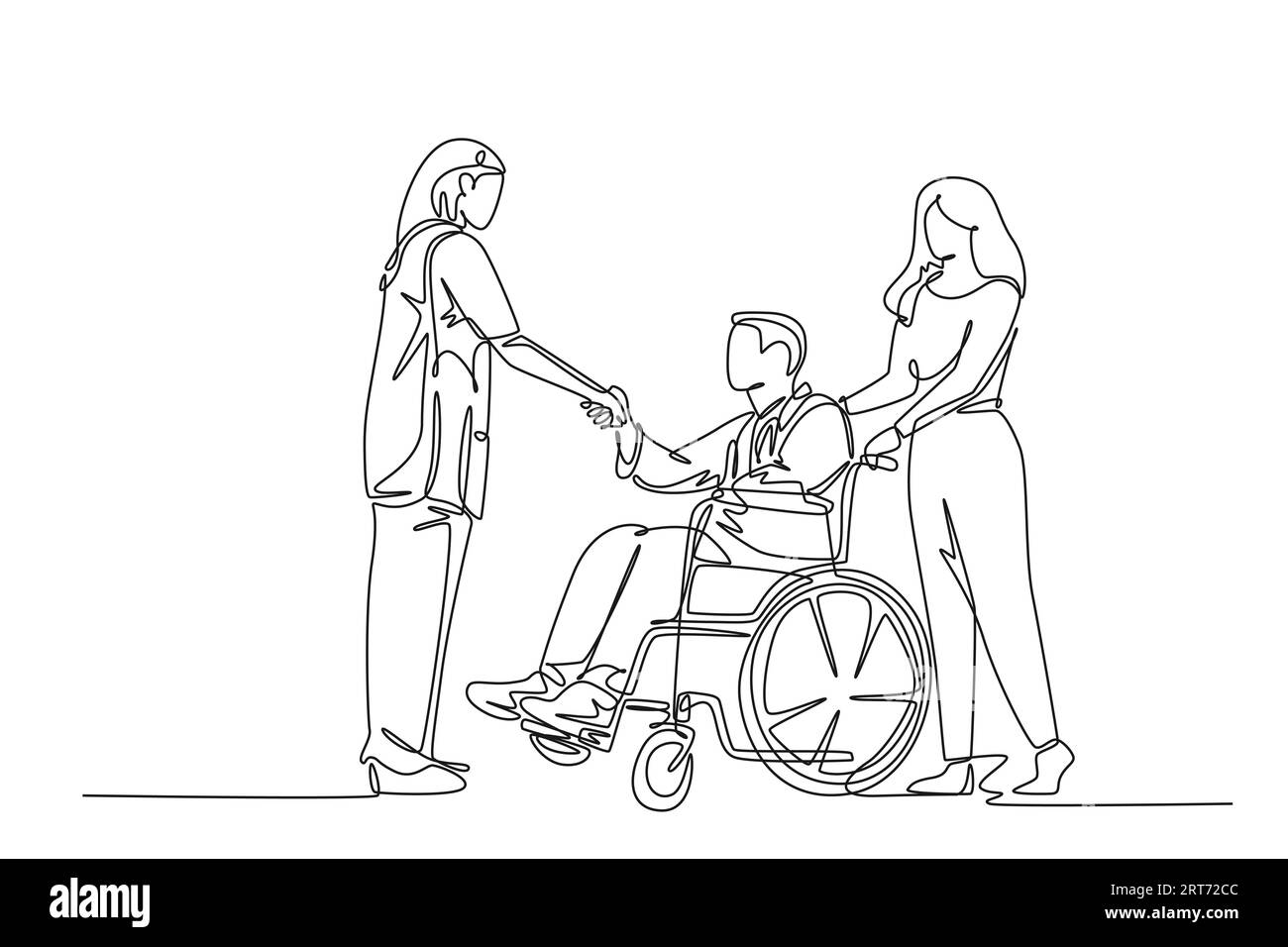 Continuous one line drawing smart young female doctor visiting and handshaking the patient with wheelchair in hospital. Medical health care concept. S Stock Photo