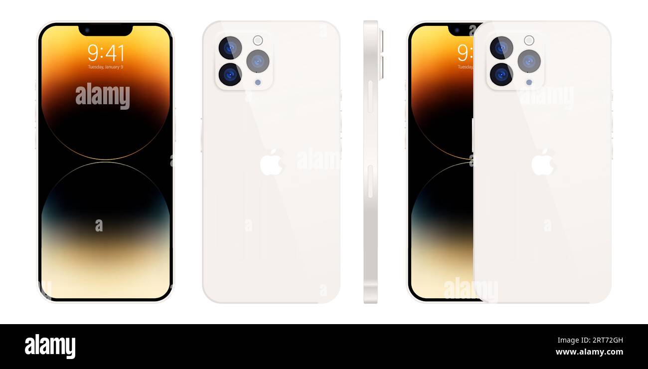 New iPhone 15 pro, pro max white color by Apple Inc. Mock-up screen iphone and back side iphone. High Quality. Official presentation. Editorial. Stock Vector
