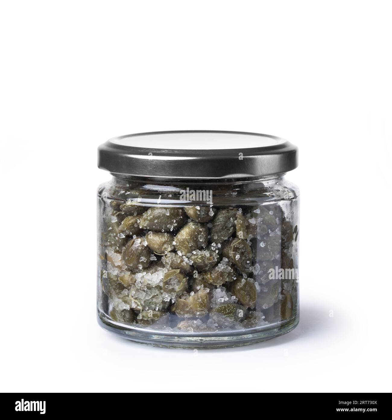 Capers in Salt, Jar, Isolated on White Background Glass Jar with