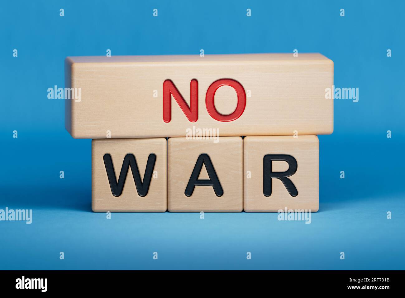 NO WAR symbol. Wooden blocks with words 'NO WAR'. wooden cubes with the inscription NO WAR.3D rendering on blue background. Wooden cube blocks. Stock Photo