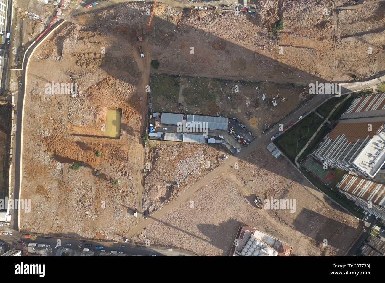 aerial view of a construction site, tower in making. drone shot of a ...