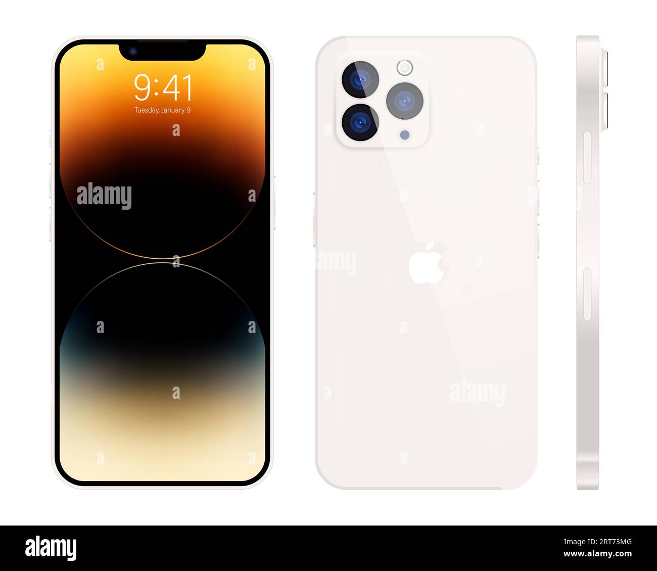 New iPhone 15 pro, pro max white color by Apple Inc. Mock-up screen iphone and back side iphone. High Quality. Official presentation. Editorial. Stock Vector