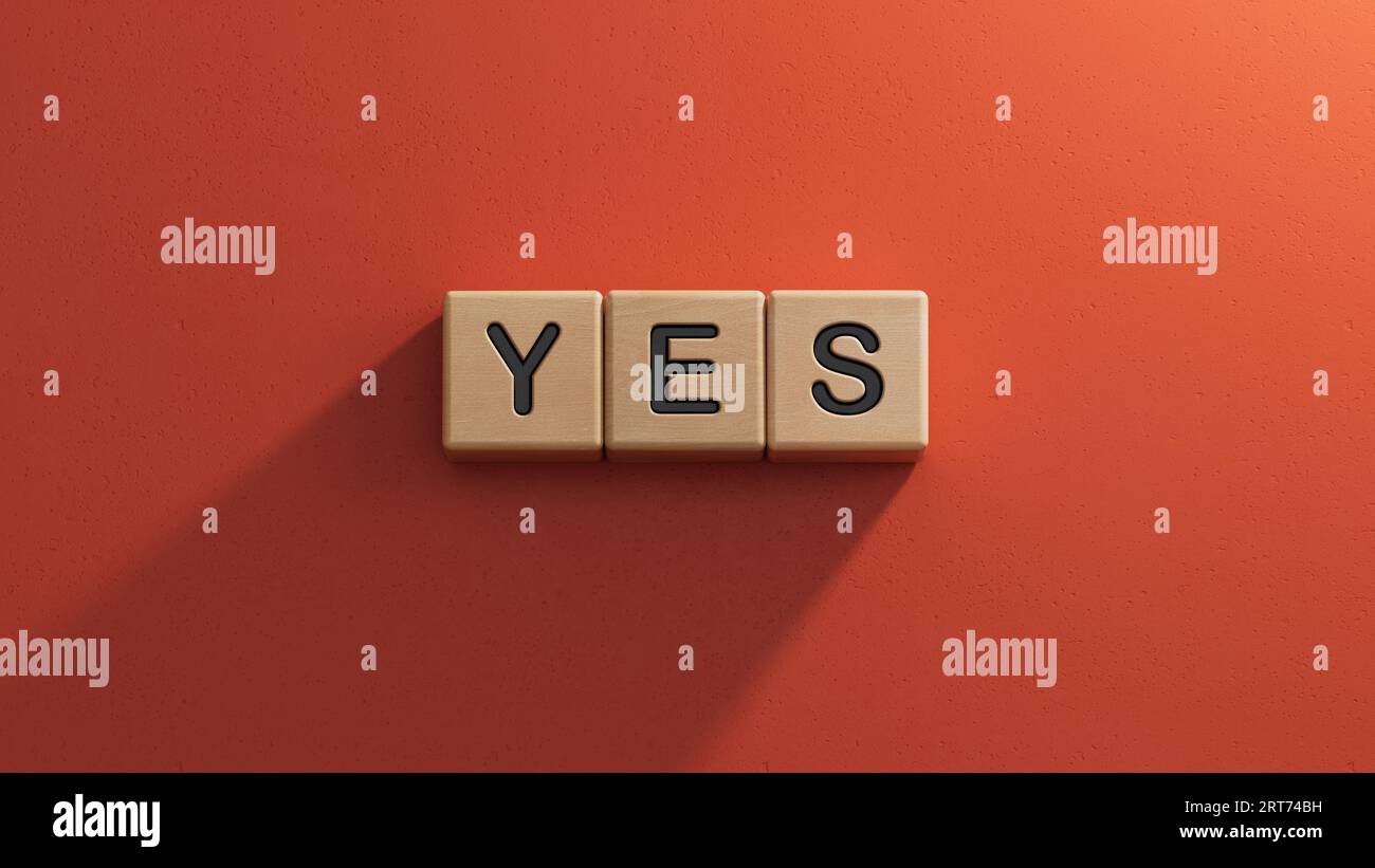 The word Yes written in black letters on wooden blocks. Message spells Yes. Business, motivation and education concept.3D rendering on red background. Stock Photo