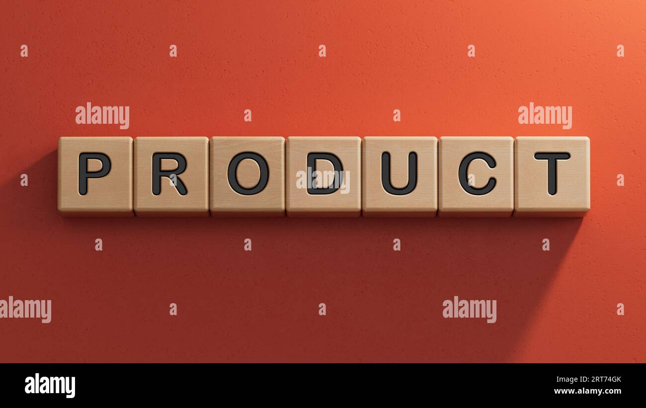 Product word with letters on wooden blocks on wooden table. Product or services sales business concept.3D rendering on red background. Stock Photo