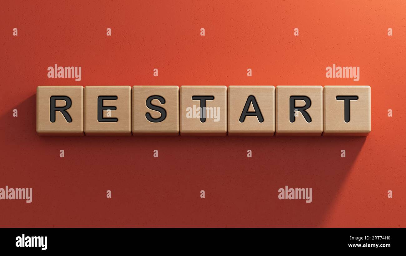 Wooden Blocks with the text: Restart. New business relaunch startup concept.3D rendering on red background. Stock Photo
