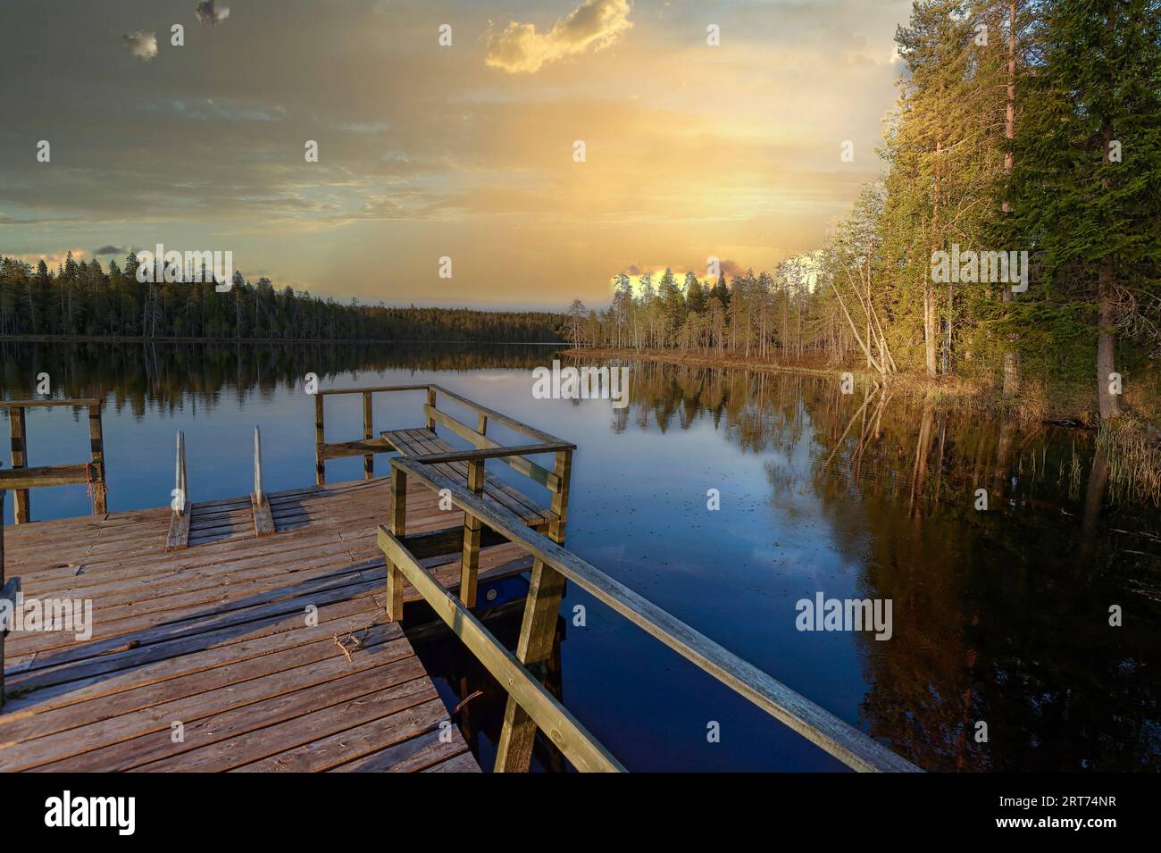 sunset at Erilampi lake, Remote lake Lakeland Karelia Finland Stock Photo