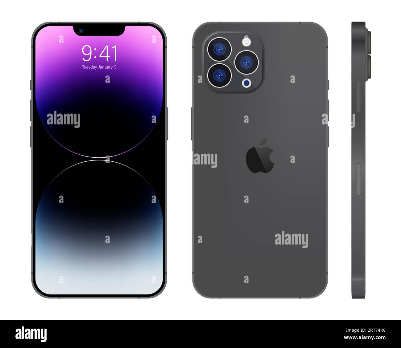 New iPhone 15 pro, pro max Deep gray color by Apple Inc. Mock-up screen iphone and back side iphone. High Quality. Official presentation. Editorial. Stock Vector