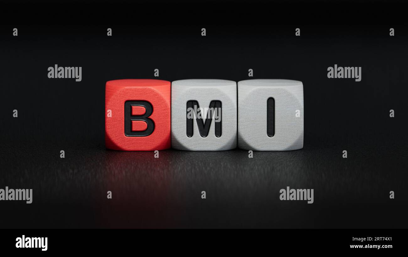 Cubes form the expression "BMI" (Body Mass Index).3D rendering on black background Stock Photo