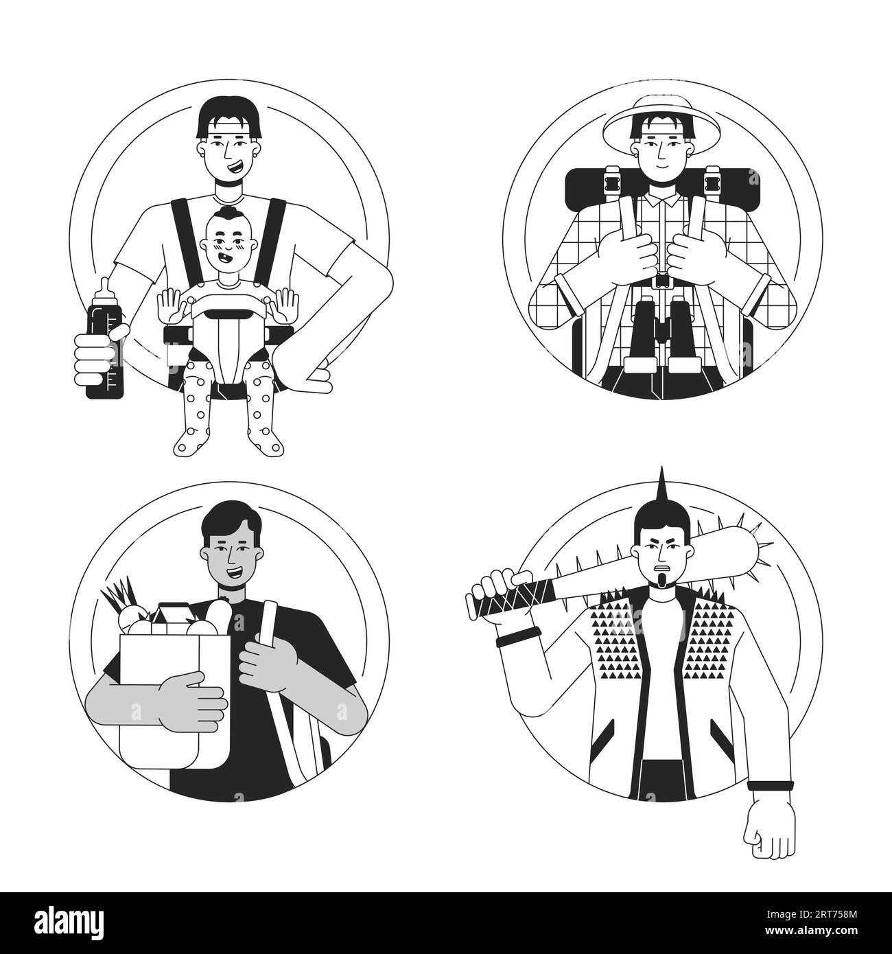 Archetypes flat line black white vector characters set Stock Vector