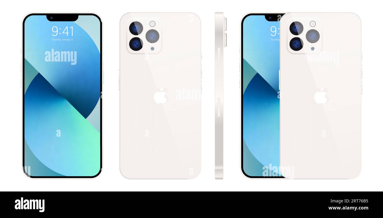 New iPhone 15 pro, pro max white color by Apple Inc. Mock-up screen iphone and back side iphone. High Quality. Official presentation. Editorial Stock Vector