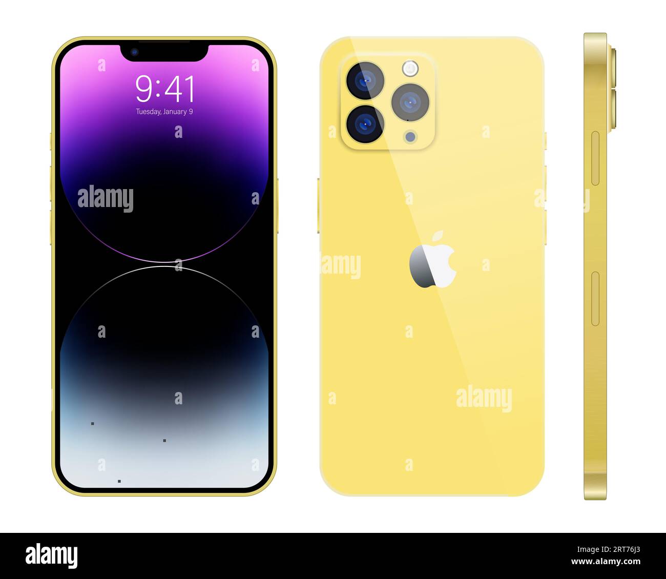 New iPhone 15 pro, pro max Deep yellow color by Apple Inc. Mock-up screen iphone and back side iphone. High Quality. Official presentation. Editorial. Stock Vector