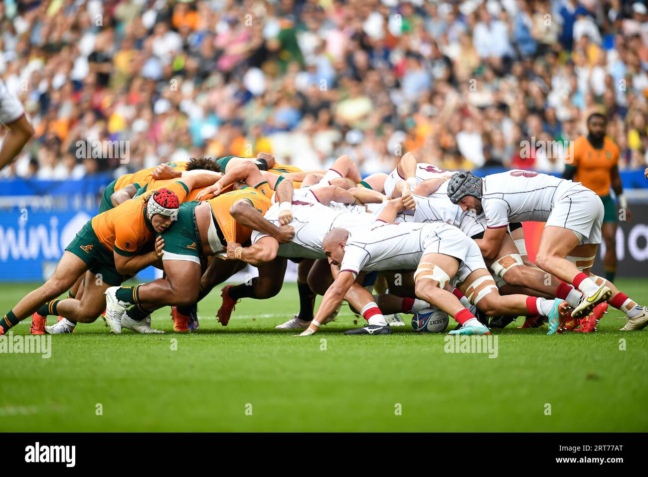 A scrum or scrummage during the Rugby World Cup RWC 2023 match between Australia Wallabies and Georgia on September 9, 2023 at Stade de France in Saint-Denis near Paris, France. Credit: Victor Joly/Alamy Live News Stock Photo