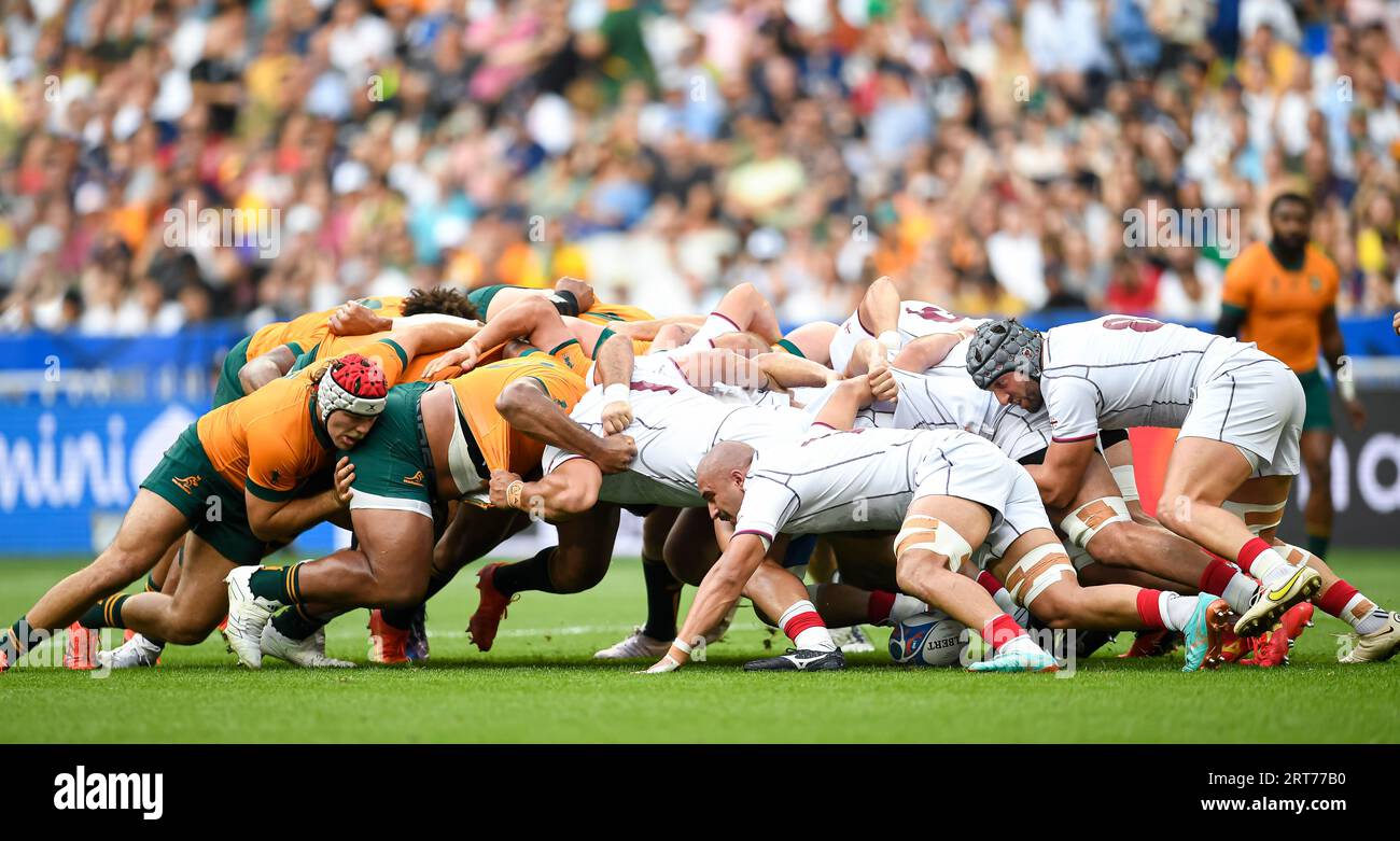 A scrum or scrummage during the Rugby World Cup RWC 2023 match between Australia Wallabies and Georgia on September 9, 2023 at Stade de France in Saint-Denis near Paris, France. Credit: Victor Joly/Alamy Live News Stock Photo