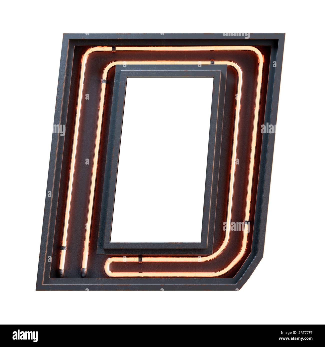 3D illustration of orange Neon light alphabet character Capital letter. Neon tube Capital letter orange glow effect in black metal box.3d rendering is Stock Photo