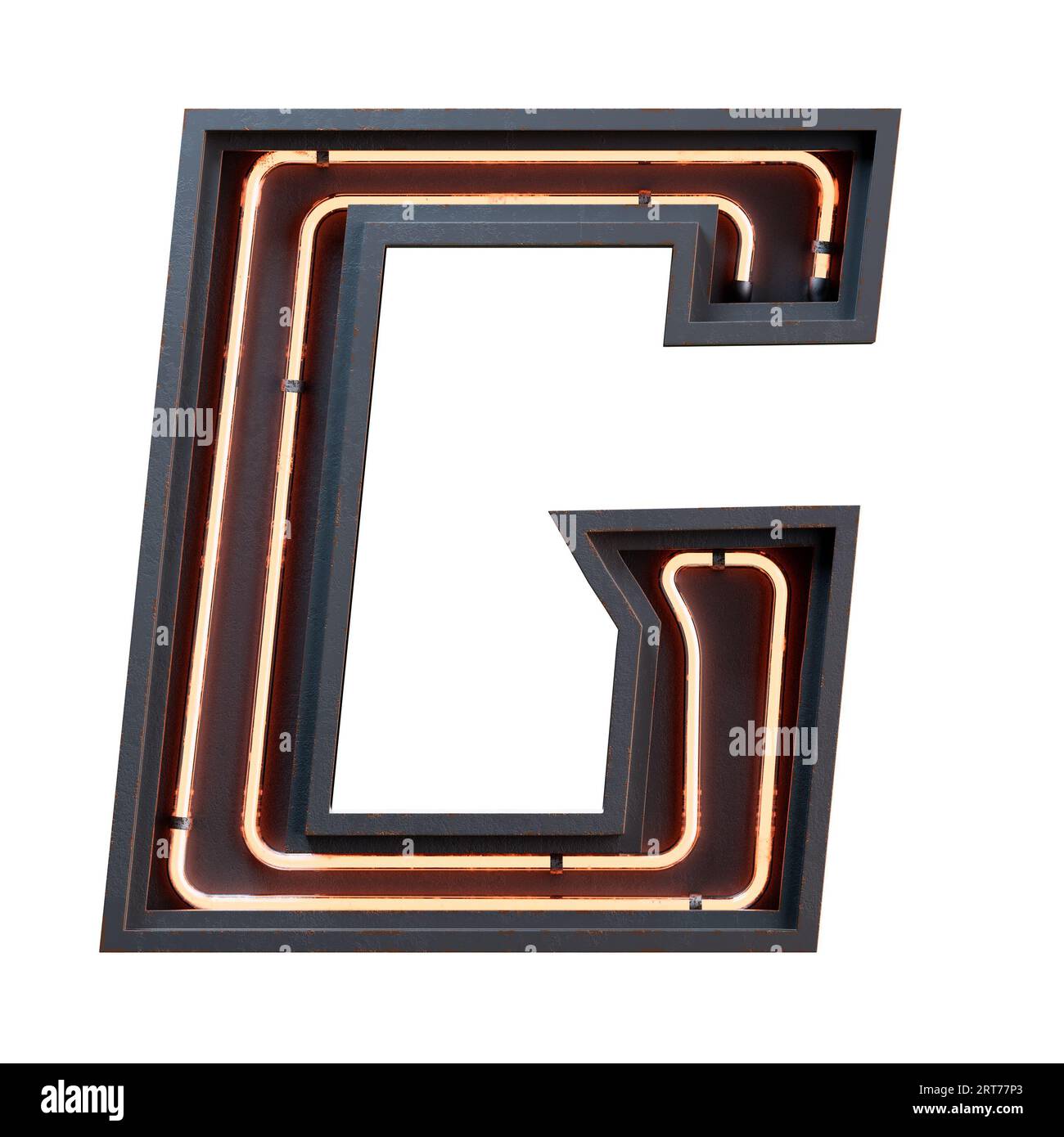 3D illustration of orange Neon light alphabet character Capital letter. Neon tube Capital letter orange glow effect in black metal box.3d rendering is Stock Photo