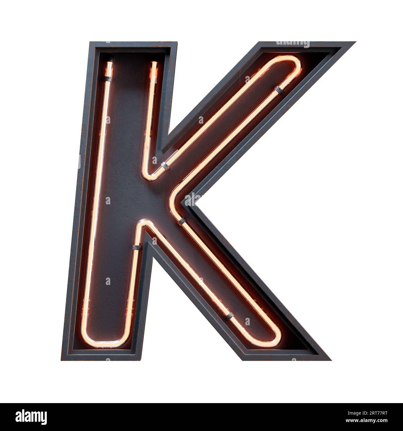 3D illustration of orange Neon light alphabet character Capital letter. Neon tube Capital letter orange glow effect in black metal box.3d rendering is Stock Photo