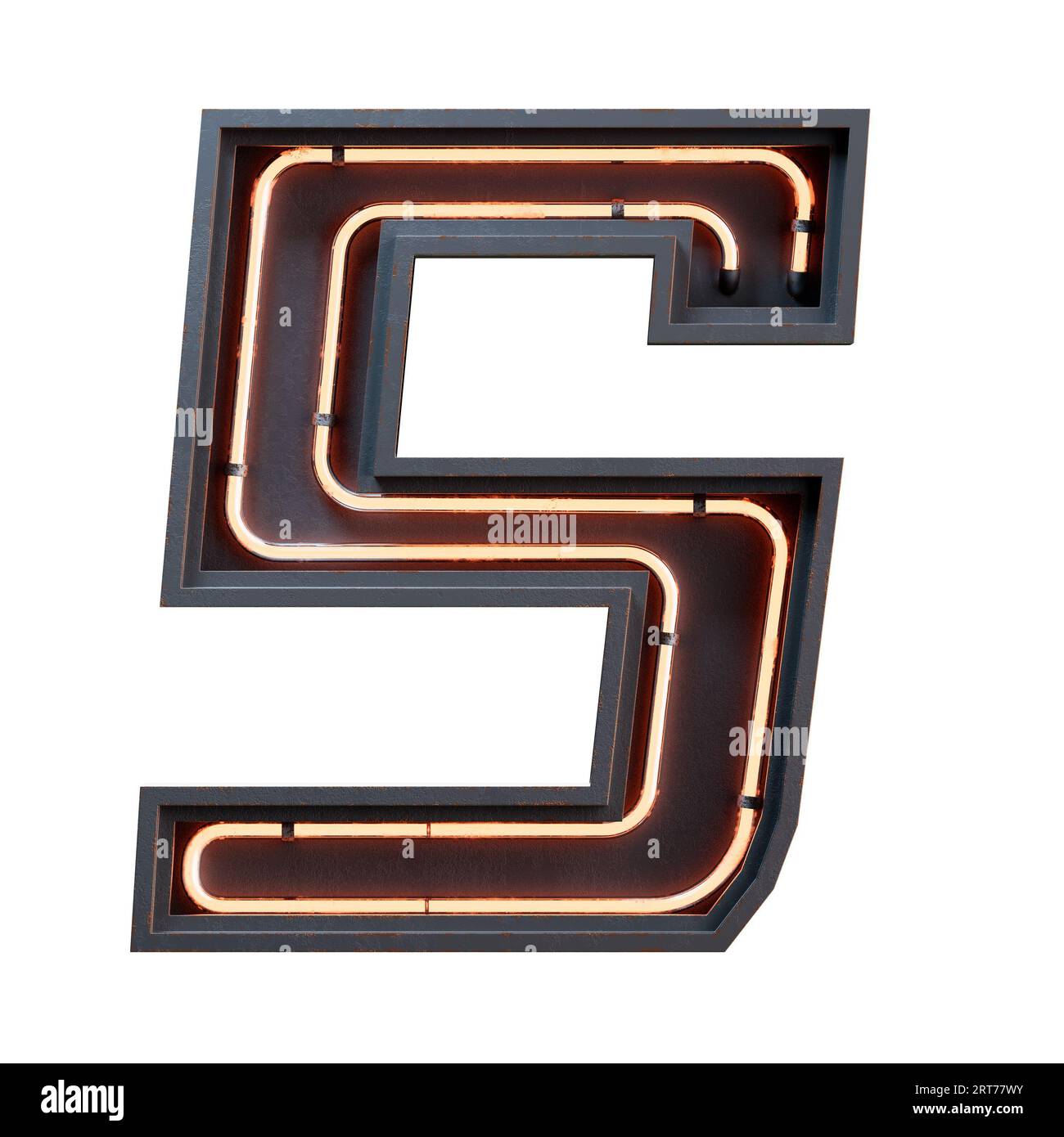 3D illustration of orange Neon light alphabet character Capital letter. Neon tube Capital letter orange glow effect in black metal box.3d rendering is Stock Photo
