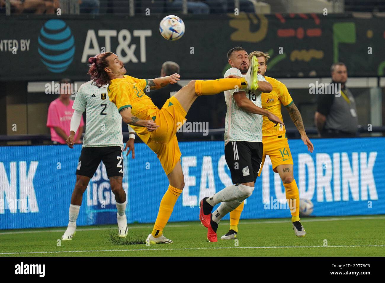 Arlington, Texas, United States: Jackson Irvine (AU) and Hector Herrera (MX) battle for the ball during the international soccer game between Mexico and Australia played at AT&T Stadium on Saturday September 9, 2023.  (Photo by Javier Vicencio / Eyepix Group/Sipa USA) Stock Photo