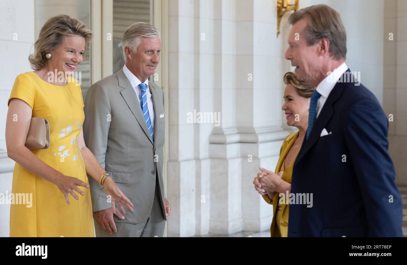 Queen Mathilde of Belgium, King Philippe - Filip of Belgium and Luxembourg's Grand Duke Henri and his wife Grand Duchess Maria Teresa pictured during the 19th informal summit of the heads of state of German-speaking countries, at the Royal Castle in Laken/ Laeken, Brussels, Monday 11 September 2023. BELGA PHOTO BENOIT DOPPAGNE Stock Photo