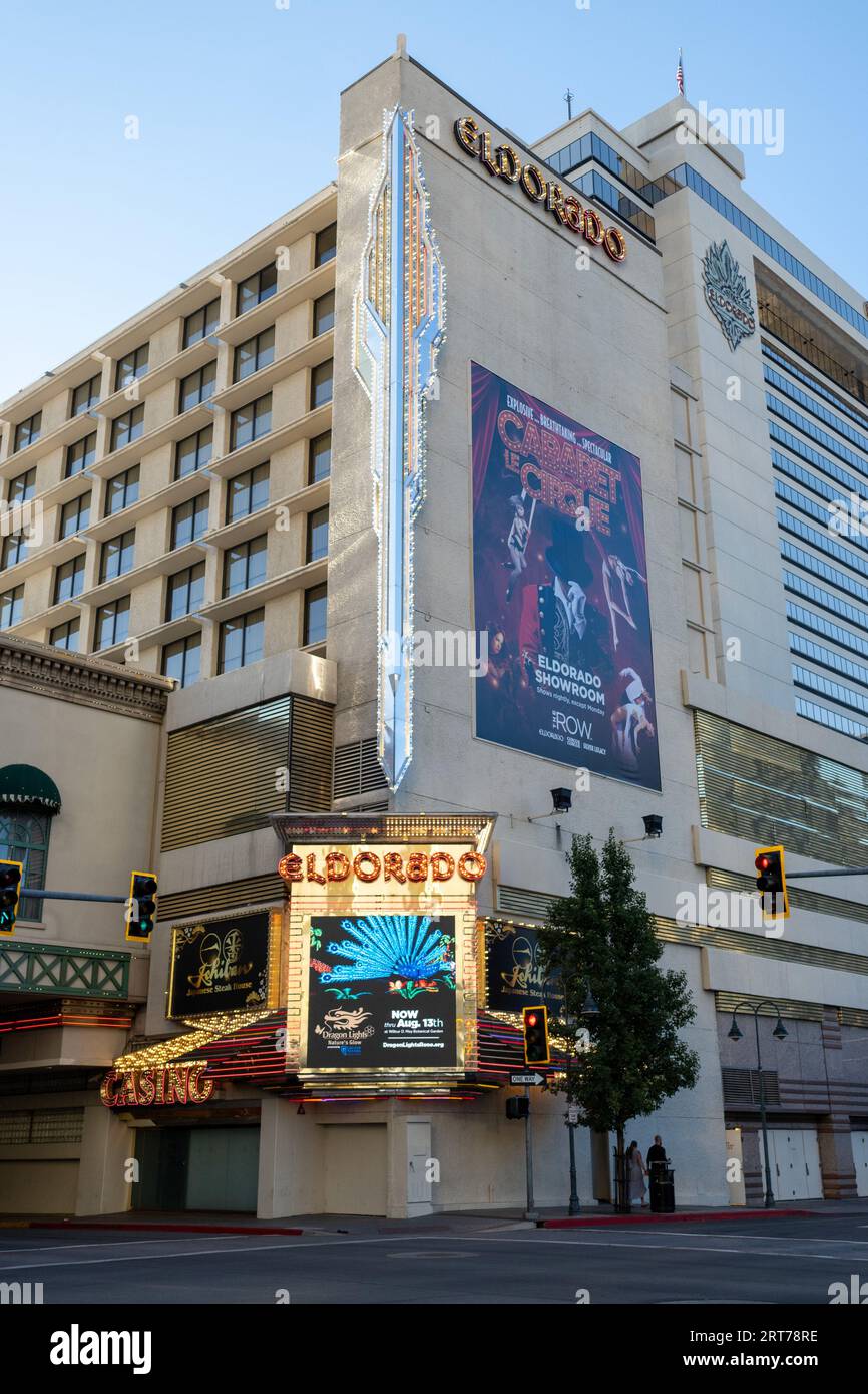 Reno, NV. July 18, 2023. The  corner view of  the Eldorado Casino on a cloudless blue sky morning, corner view Stock Photo