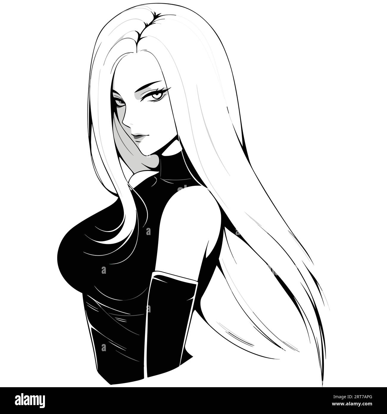 Cute anime girl flat vector, black and white isolated white background