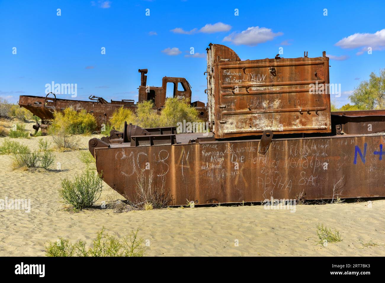 Derelict vessel lying on a desert that used to be Aral Sea, the fourth largest lake in the world up until the 1960s (2017) Stock Photo