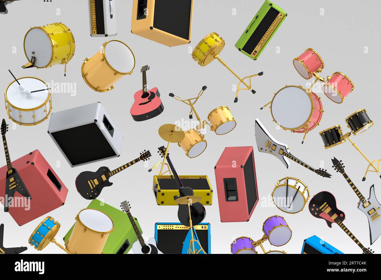 Many of flying acoustic guitars, drums with metal cymbals or drumset