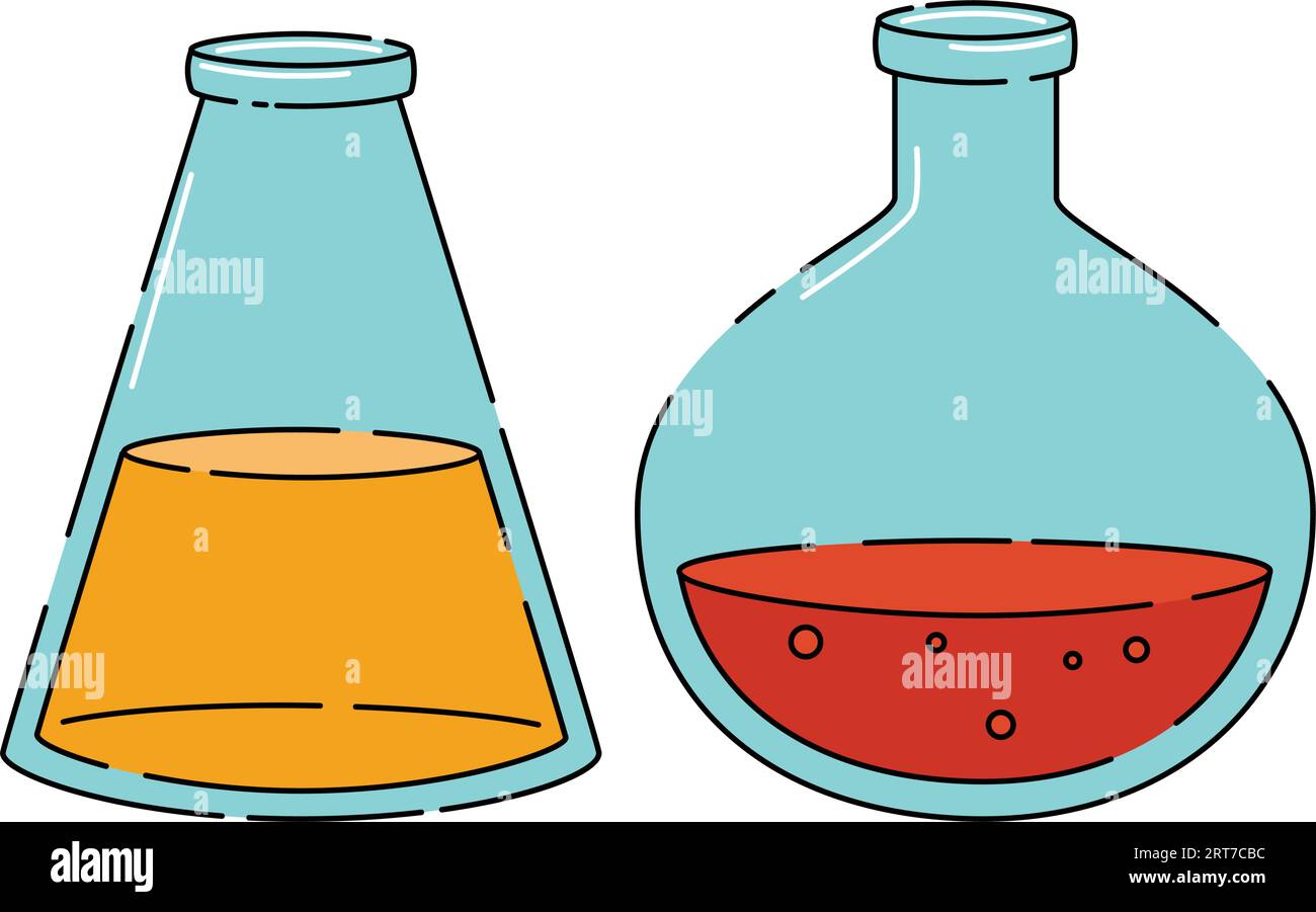 Chemical glass flasks of different forms liquids. Chemical weapon, acid