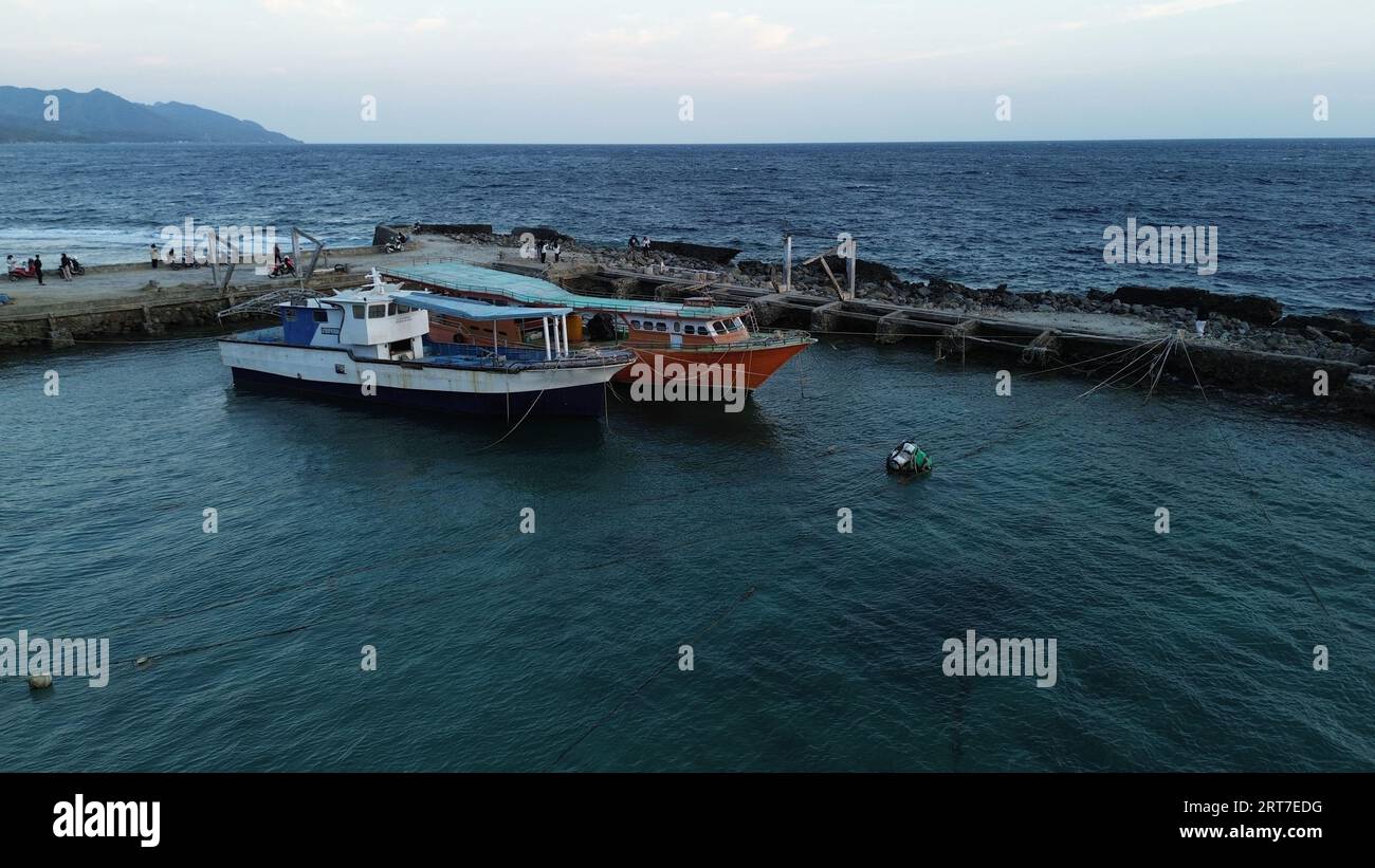 aerial view of fishing boats docked in the harbor Stock Photo - Alamy