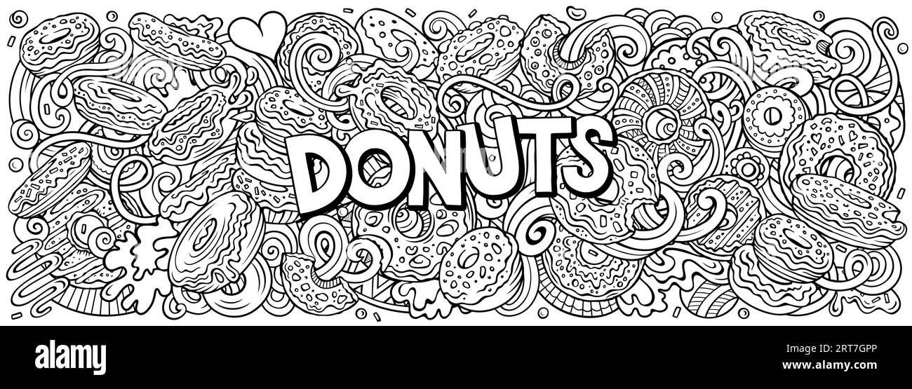 Cartoon vector Donuts doodle illustration features a variety of sweet food objects and symbols. Sketchy whimsical funny picture. Stock Vector