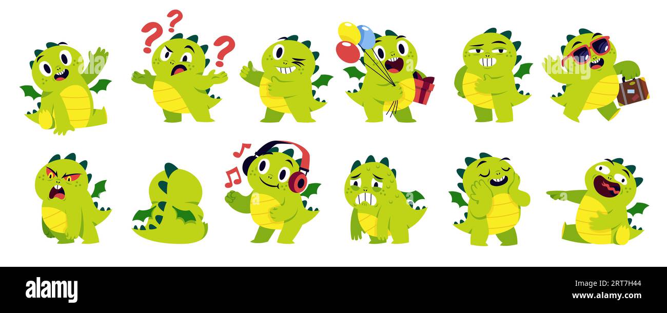 Cute cartoon dragon mascot. Kids dino character, baby fairy mythological animal, various emotions and poses, little kawaii creature, chinese mythology Stock Vector