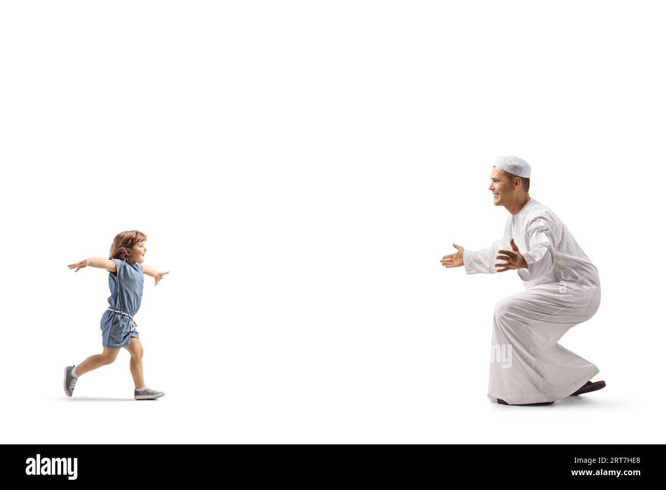 Little girl running to hug a man in traditional muslim clothes isolated on white background Stock Photo