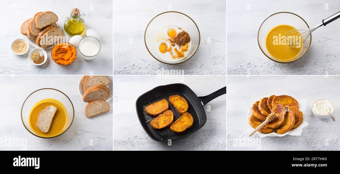 Making sweet pumpkin cinnamon ginger toast, collage, step by step, diy, ingredients, cooking steps, final dish on light blue table. Stock Photo