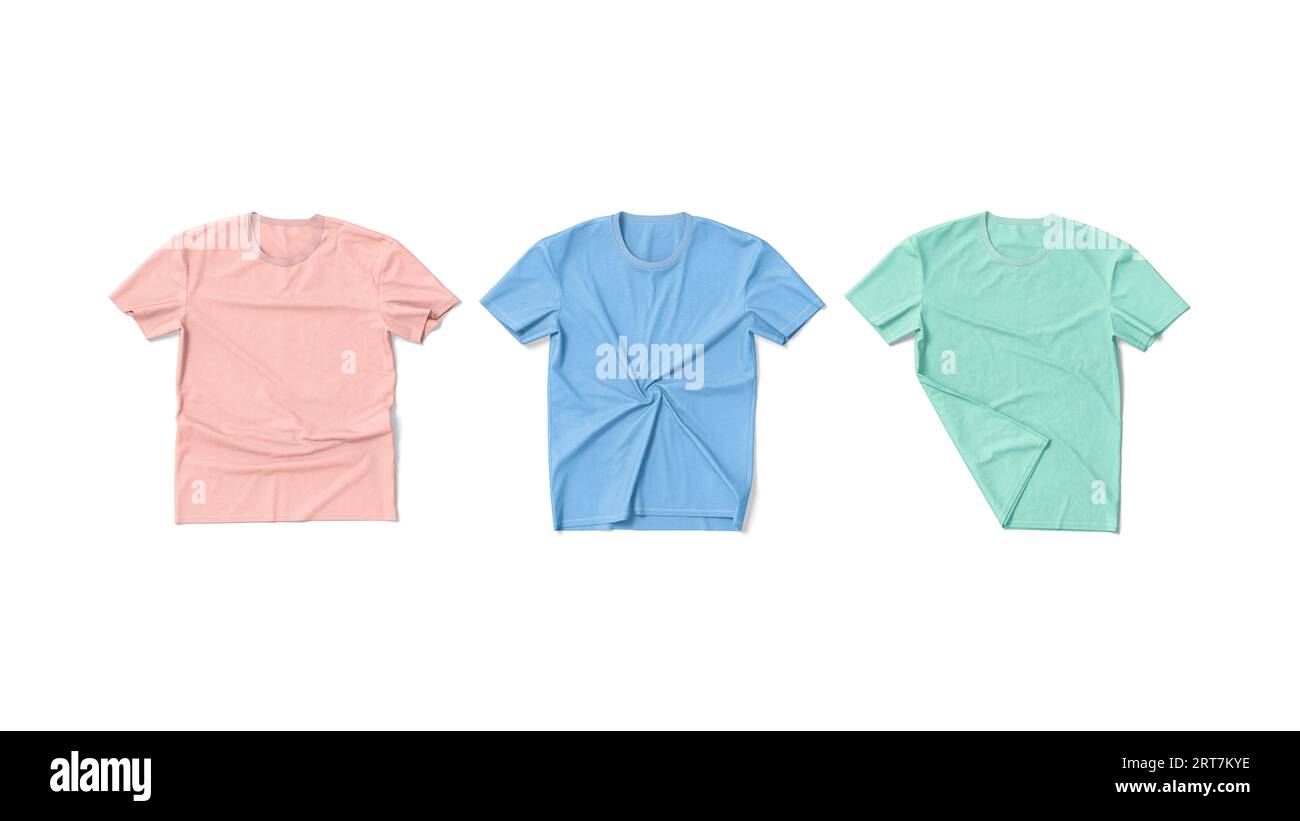 Blank colored tshirt mockup flat lay, top view, different types, 3d