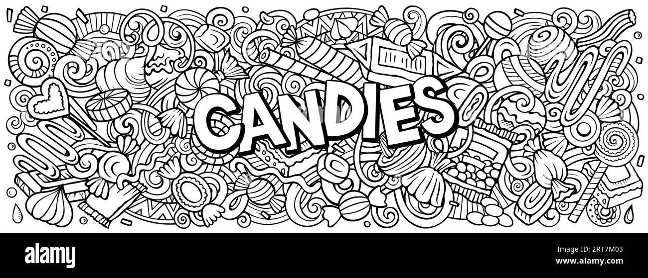 Cartoon vector Candies doodle illustration features a variety of sweet food objects and symbols. Sketchy whimsical funny picture. Stock Vector