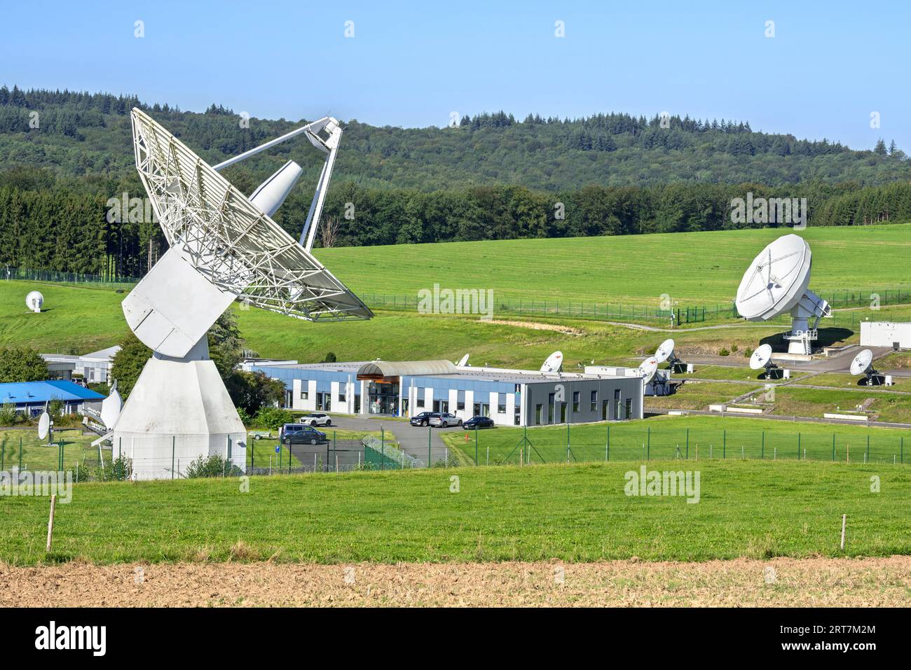 Galileo antennas at the Redu Station, ESTRACK radio antenna station for communication with spacecraft at Libin, Luxembourg, Wallonia, Belgium Stock Photo