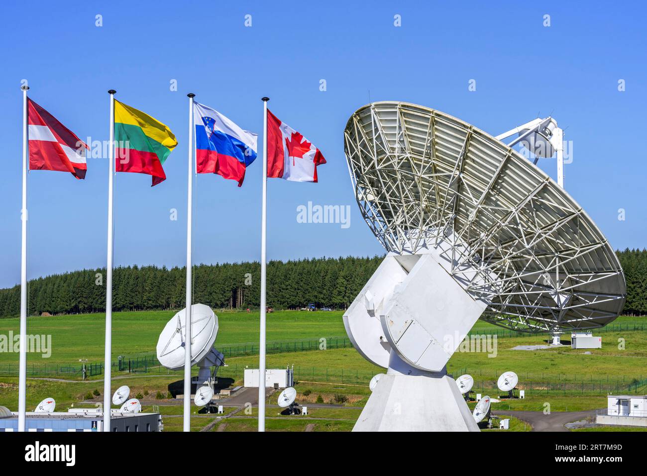 Galileo antennas at the Redu Station, ESTRACK radio antenna station for communication with spacecraft at Libin, Luxembourg, Wallonia, Belgium Stock Photo