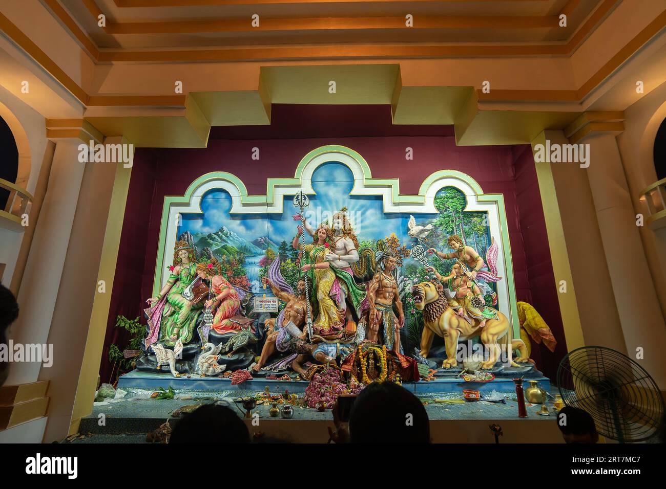 Kolkata, West Bengal, India- 4th October, 2022 : Beautifully decorated Durga Puja idol inside puja pandal. Durga Puja is biggest festival of Hinduism Stock Photo