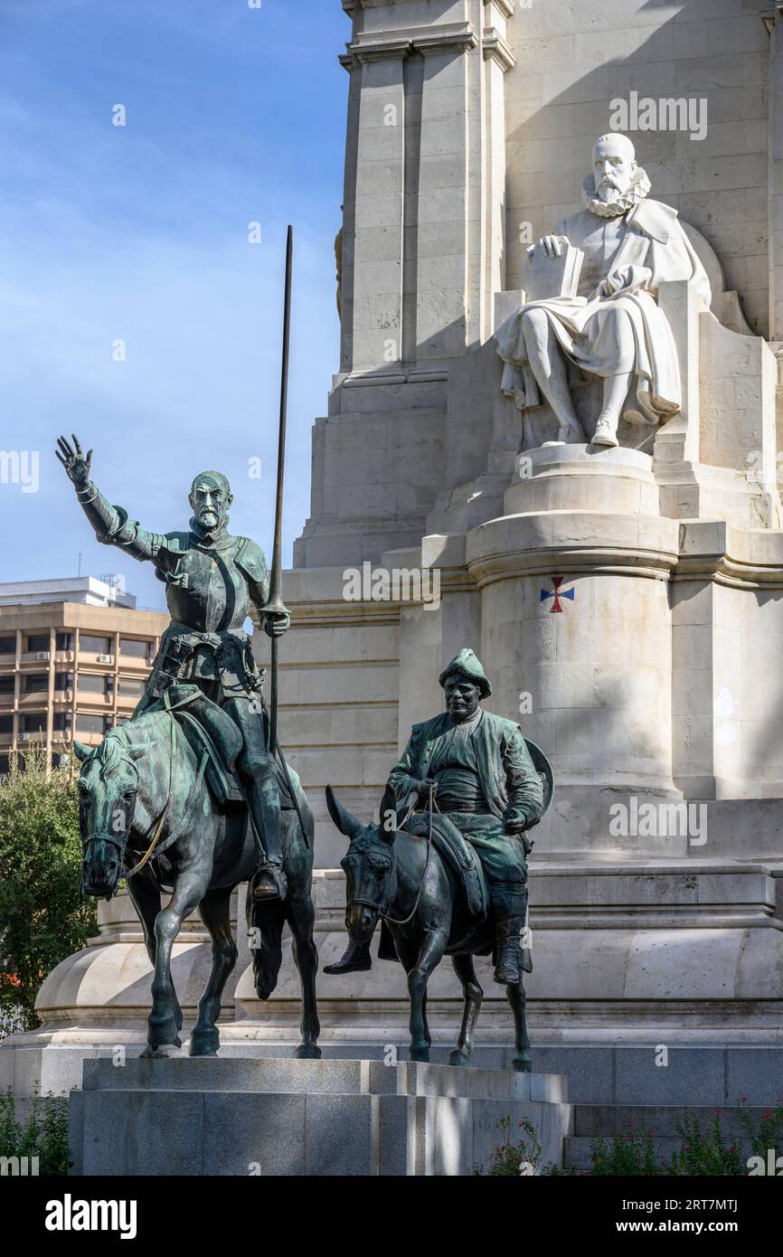 Monument to Miguel de Cervantes and statues of Don Quixote and Sancho Panza in the Plaza de Espana, Madrid, Spain. Stock Photo