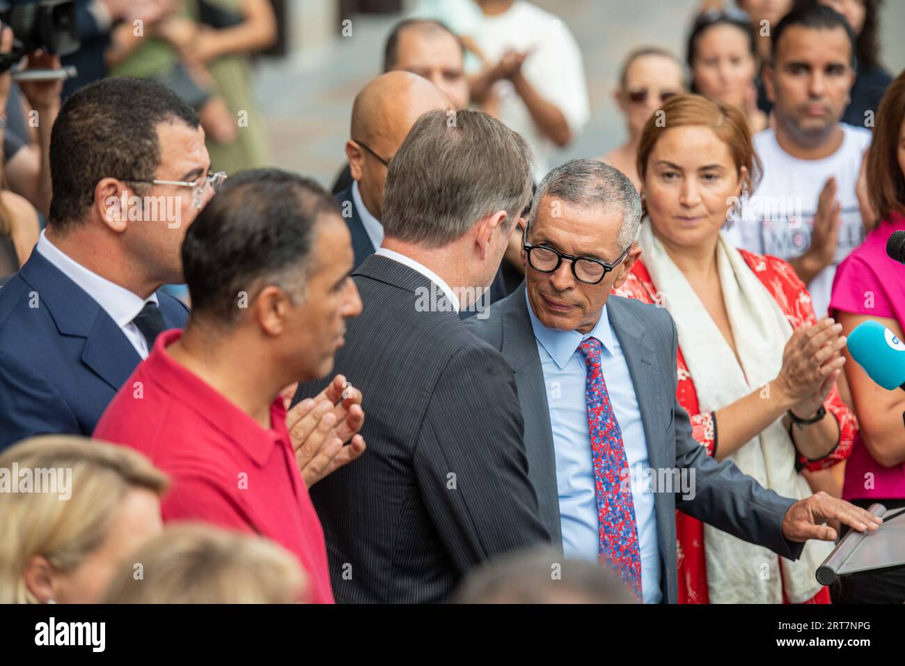 Antwerp, Belgium. 11th Sep, 2023. Moroccan ambassador to Belgium Mohammed Ameur is seen at a memorial ceremony for the victims of the earthquake in Morocco, at the Grote Markt, in Antwerp, Monday 11 September 2023. The earthquake that hit Morocco late Friday killed at least 2,122 people and injured more than 2,400 others. BELGA PHOTO JONAS ROOSENS Credit: Belga News Agency/Alamy Live News Stock Photo