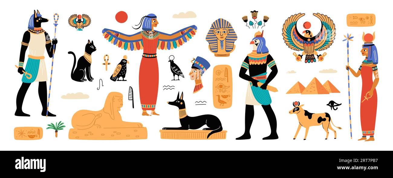 Ancient Egypt elements. Historical and cultural symbols. Religious buildings. Statues and murals. Mysterious civilization. Manuscript hieroglyphs Stock Vector